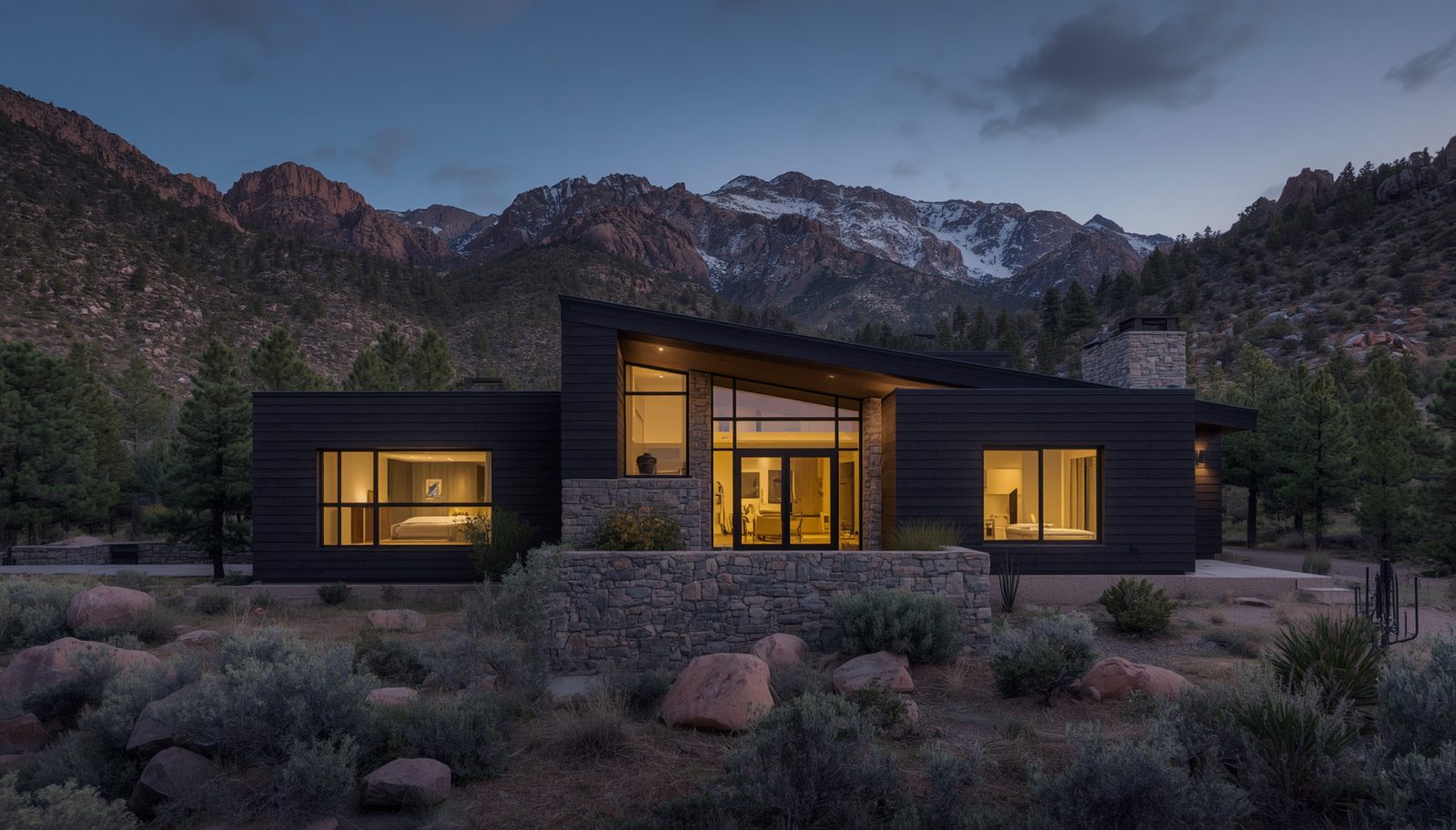 Modern luxury new-build home at dusk in the mountainous Arizona high country near Prescott, glowing windows, granite peaks