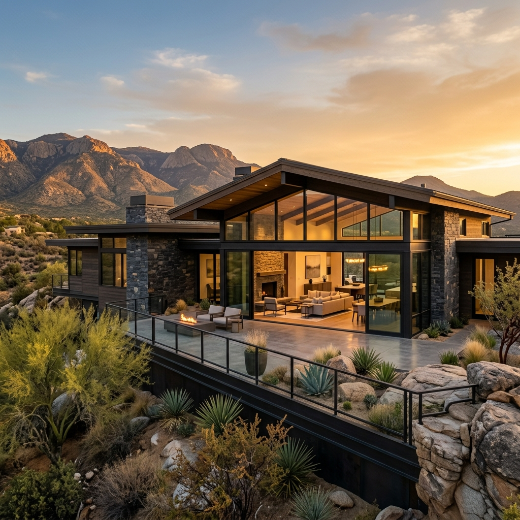 Stone-and-glass hillside estate at sunset, Talking Rock